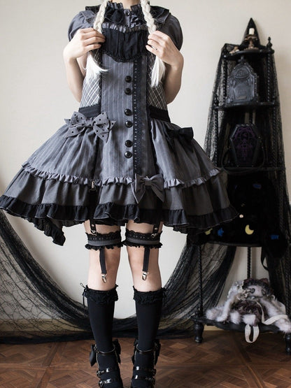 Abnehmbares Mieder, graue, dunkle Overall-Kapuze, kariertes Lolita-Ohren-Häschenkleid mit Muster