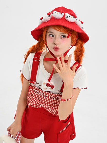 Red Plaid Bowknot Plush Kitty Overall Shorts