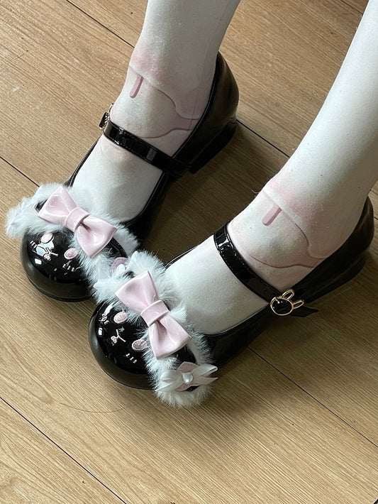 Buckle Shoes Bowknot Details Bunny BlackPink Round Sweet Toe Ear Plush Lolita Strap With