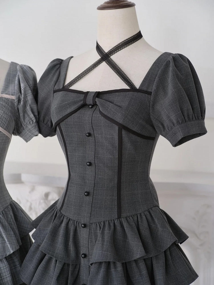 Jirai Kei Black Plaid Halter Layered Ruffle Dress with Matching Shorts - No Genki