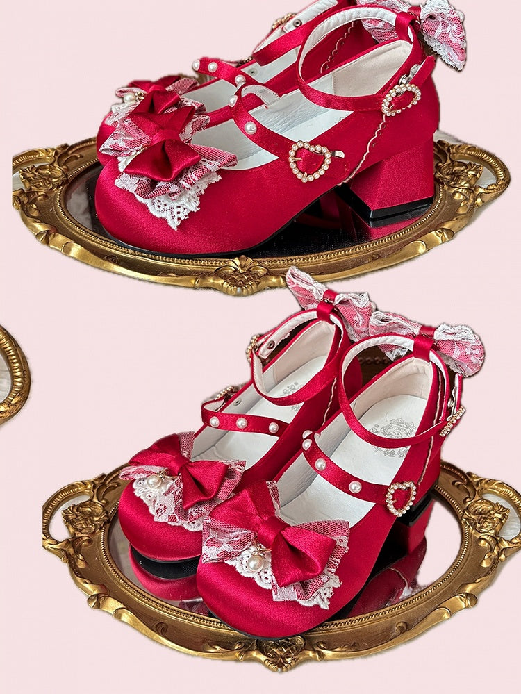 Bow Wine in Sweet Satin Heels Heart with Lolita Low Bead-Embellished Accents Closure Red
