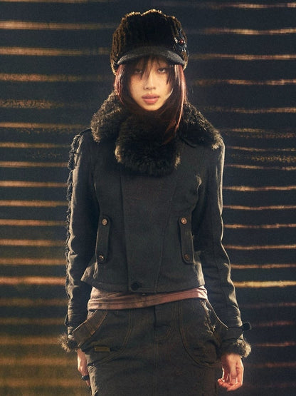 Jacket Details Collar Washed Fur Detachable Faux Black with Punk Embroidered