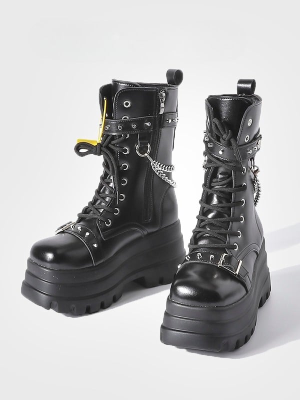 Mid-Calf - Gothic Chain Charm Platform Black Boots
