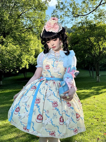 Süßes Lolita-Kleid, süßer Showa-Pullover, gelber Kitty-Creme-Print-Rock, flauschig