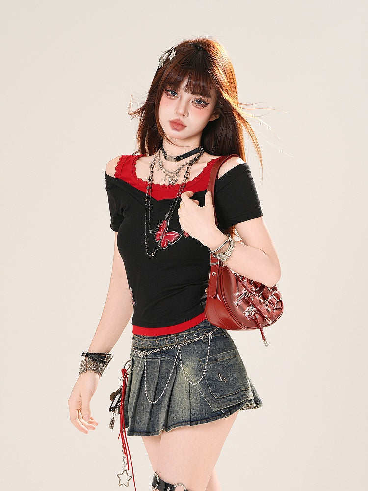 ブルー/レッドのバタフライアップリケフェイクツーピースTシャツ