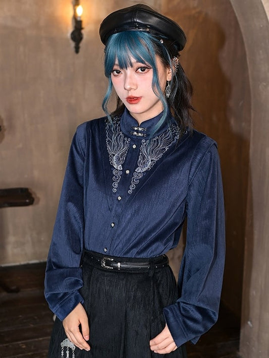 Sleeves Cheongsam - Collar Navy Blue Blouse Goth Mandarin Pipa
