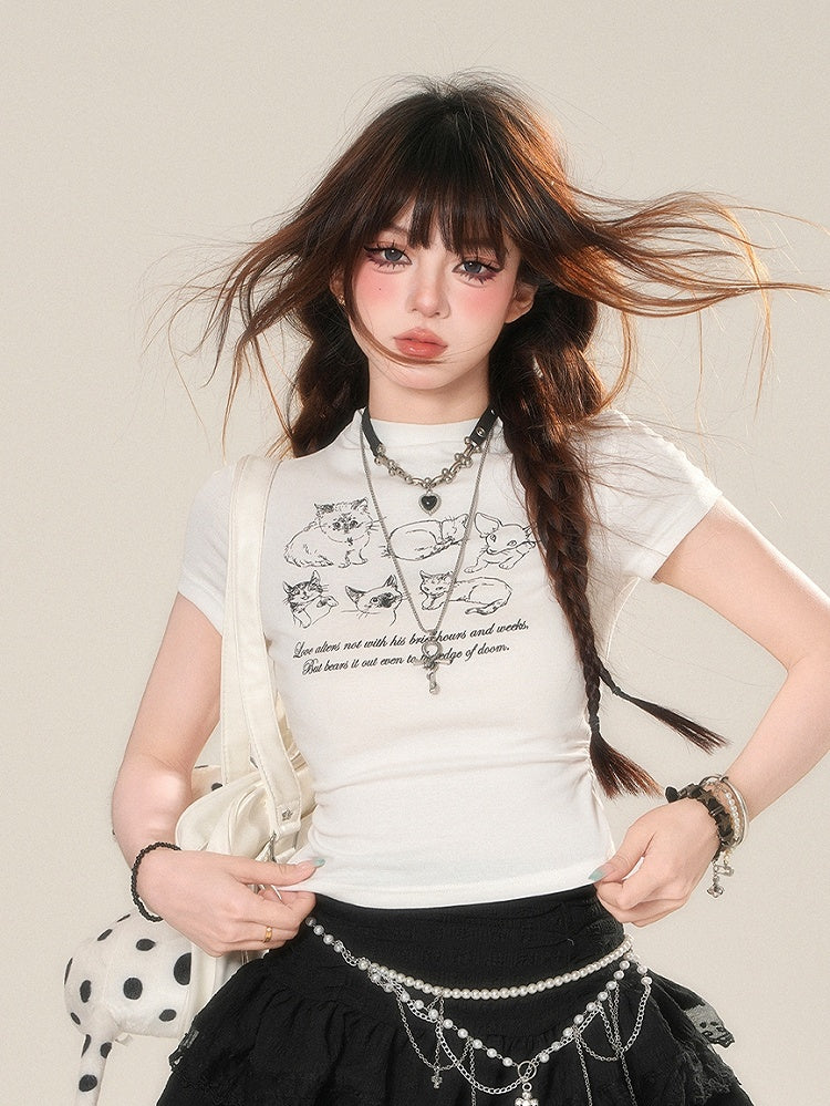 T-Shirt Weiß Kitty Print Glamorous Slim-Fit