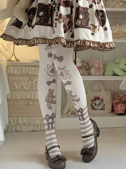 ブラウン/ピンクのウサギとクマのストライプ柄のスイートロリータタイツ