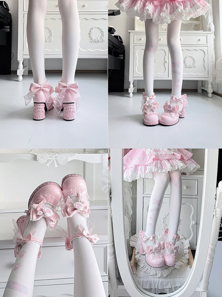 Strawberry Cream Theme Pink Lolita Shoes with Kawaii Heart & Bowknot Decor Heels - Cute Bunny