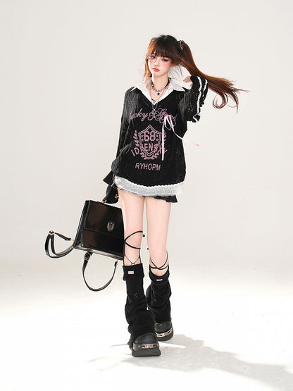 Aprikose/Schwarz Halbtransparent Polo Kragen Sonnenschutz Hohl-out Top Faux