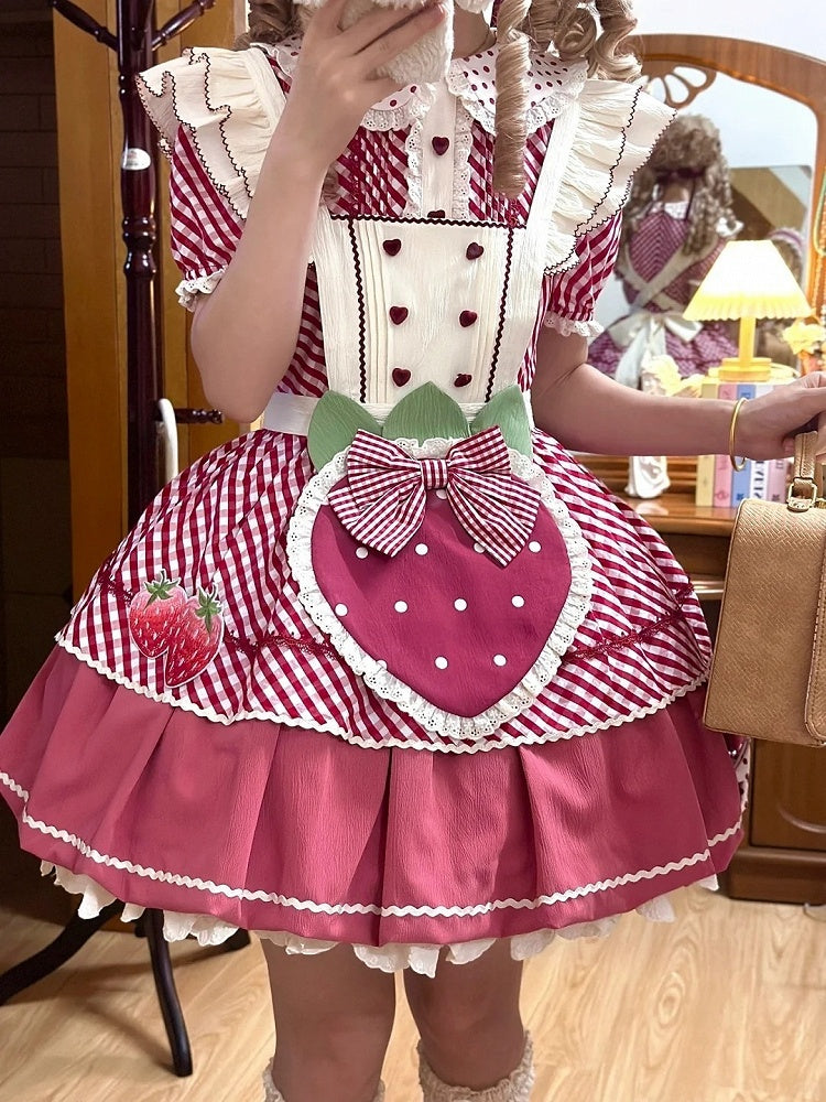 Kleid mit kariertem Lolita-Kragen, Peter-Muster, Erdbeer-Pfanne, süße rosa Schürze