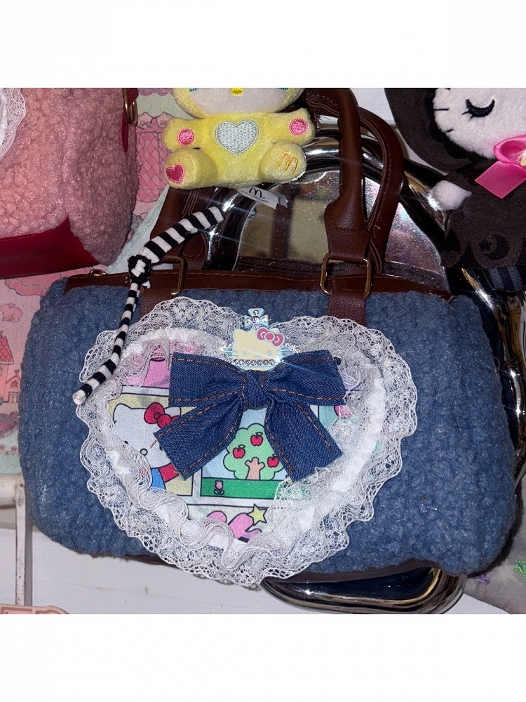 Retro Plush Crossbody Bag with Heart Lace Trim - Black Cherry Sauce