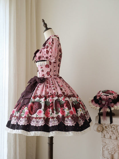 Pink Square Neck Puff Sleeve Strawberry Lolita OP