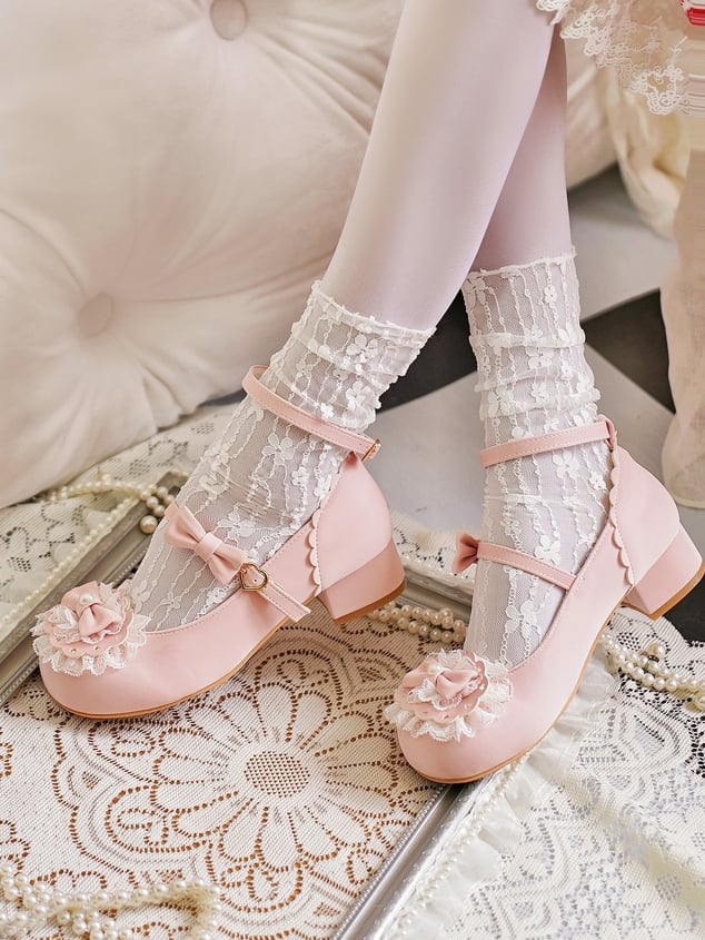 Zehenbesatz Herz Top Spitze Schleife Rosa bei Baby Schnallen Lolita Rund