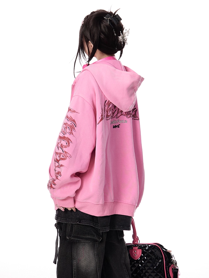 Rosa Brief Drucken Ärmel Zip-up Hoodie Herbst für