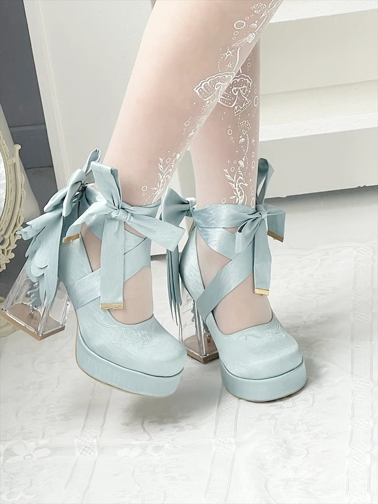 Light Green Koi Fish Charm High Block Heel Satin Platform Mary Janes with Detachable Bowknot - Floating Dream Realm