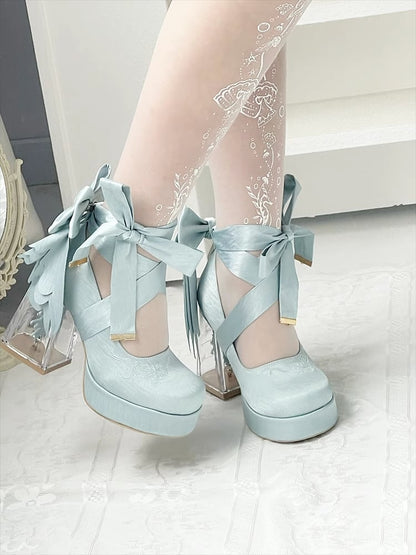 Light Green Koi Fish Charm High Block Heel Satin Platform Mary Janes with Detachable Bowknot - Floating Dream Realm