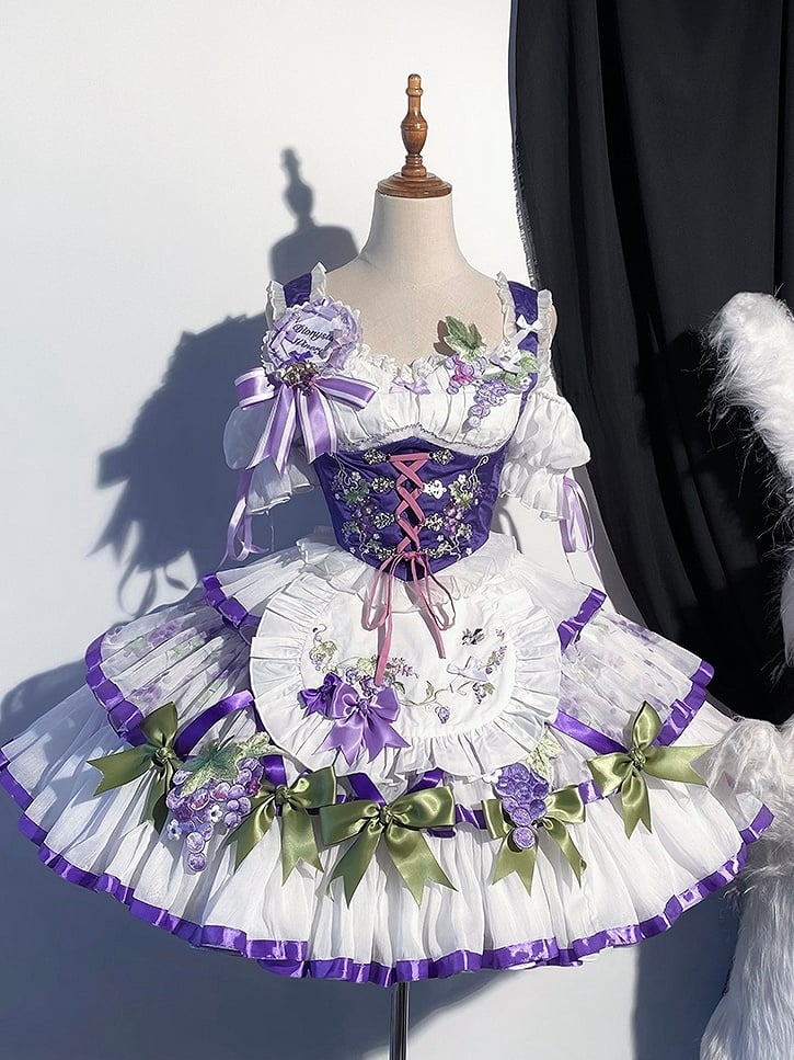 Outfit Bavaria - Weiß-Lila Oktoberfest-Korsett-Set, Traubenstickerei, Schürzenrock + Stufen-Lolita-Oberteil