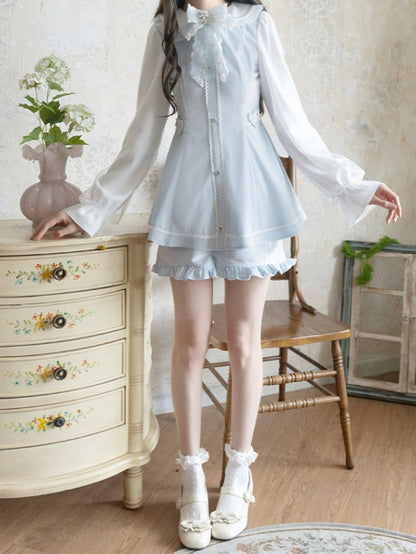 Blue Peter Pan Collar Mini Dress+Ruffled Set- Light Shorts Jirai Kei Hem