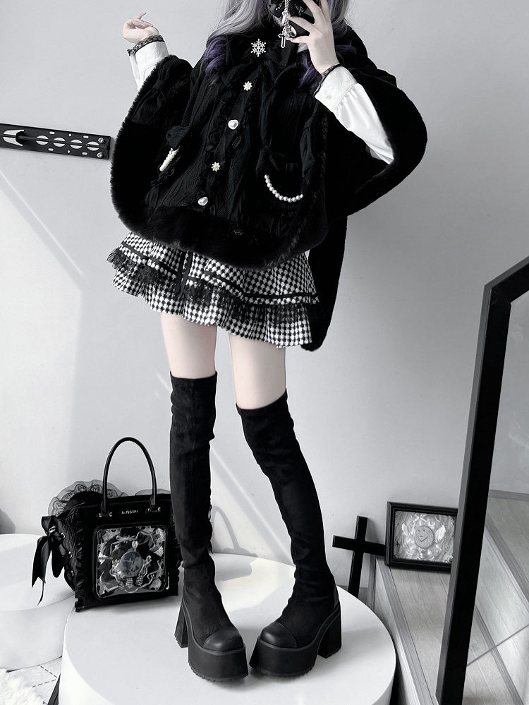 デザイン取り外し可能なプラッシュケープ、蝶結びフード、ジライケイブラックバニーイヤー