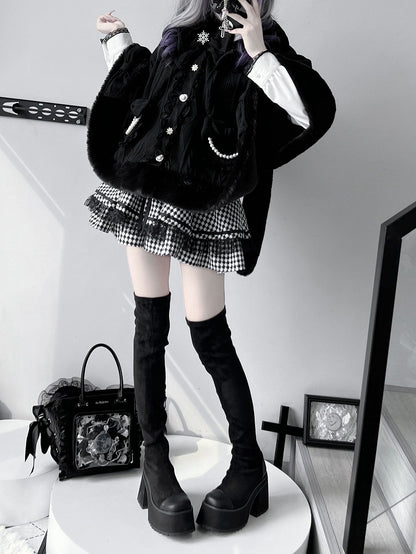 デザイン取り外し可能なプラッシュケープ、蝶結びフード、ジライケイブラックバニーイヤー