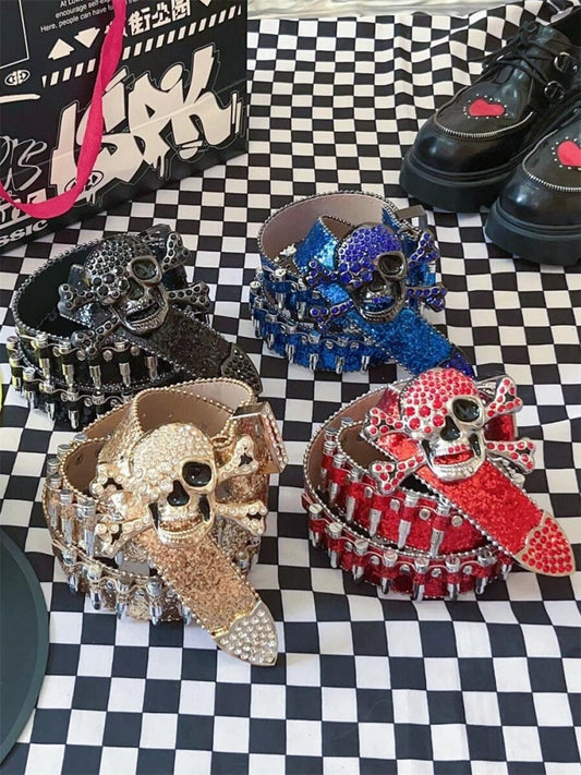 Y2K Glitzernder Strass Punk Totenkopf Kugeln Taillengürtel