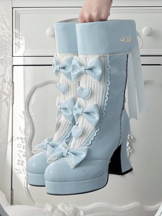8.5cm High-heel Blue Elegant Lolita Platform Boots with Scalloped Hem & Fold-over Cuff