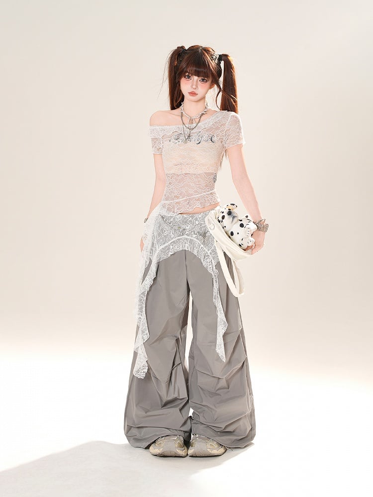 Grau/schwarze Hose mit weitem Bein und niedriger Leibhöhe und Spitzen-Accessoire an der Taille