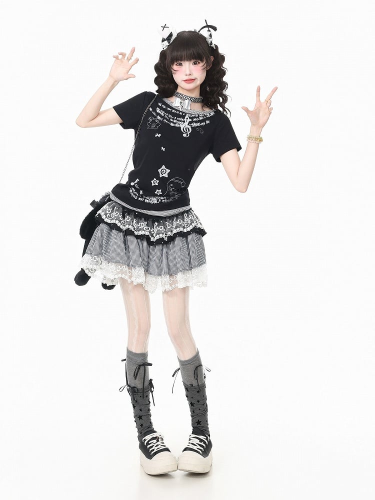Black Y2K Fake Two-Piece Short Sleeve Tee with Cartoon Print - Languid Park