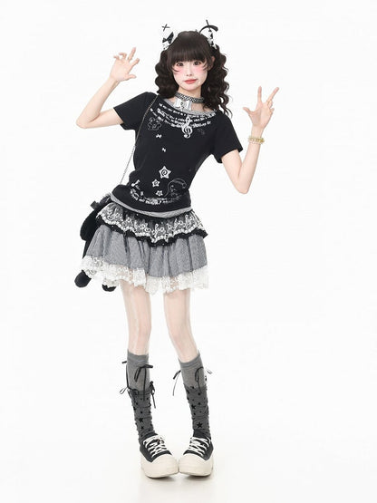 Black Y2K Fake Two-Piece Short Sleeve Tee with Cartoon Print - Languid Park