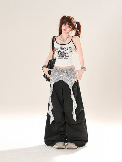 Grau/schwarze Hose mit weitem Bein und niedriger Leibhöhe und Spitzen-Accessoire an der Taille