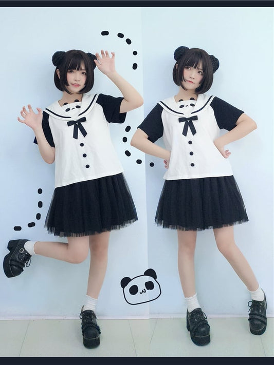 Sailor Design Collar Black and White Top Panda