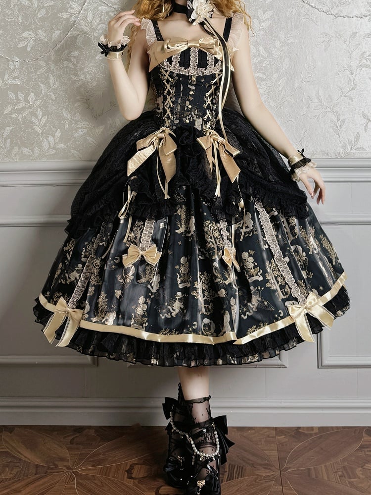 Taillenüberzug Lolita und Kordelzug Pulloverrock Korsett Schwarz Gold