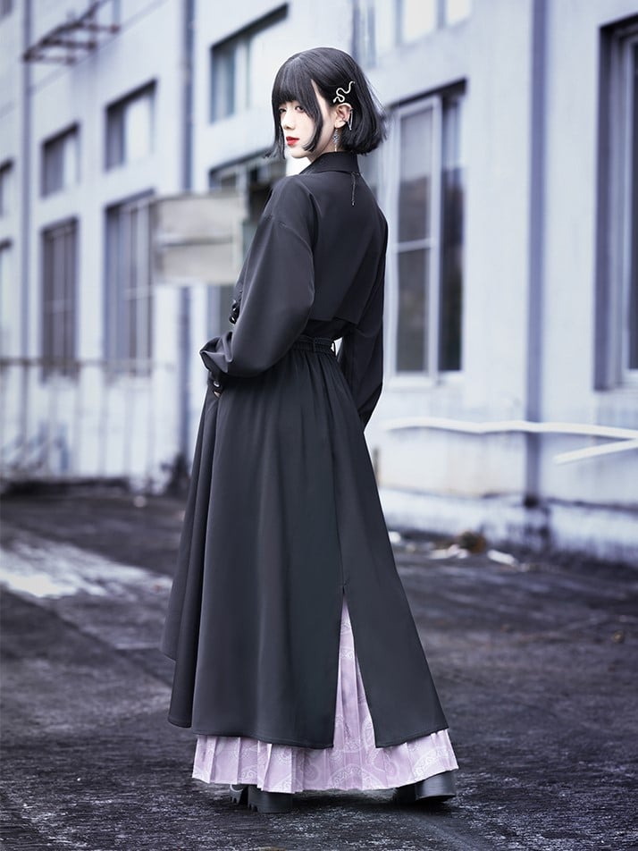 Shirt Patchwork Cheongsam Crow Gothic Asymmetric Faux Embroidery Two-Piece with Black