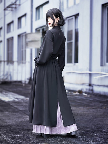 Shirt Patchwork Cheongsam Crow Gothic Asymmetric Faux Embroidery Two-Piece with Black