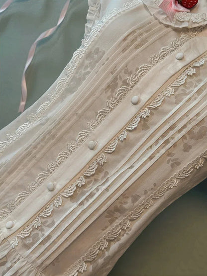 Peter Ärmel Verzierter Kragen Pan Puff Bluse Schleifen Weiß Rosa