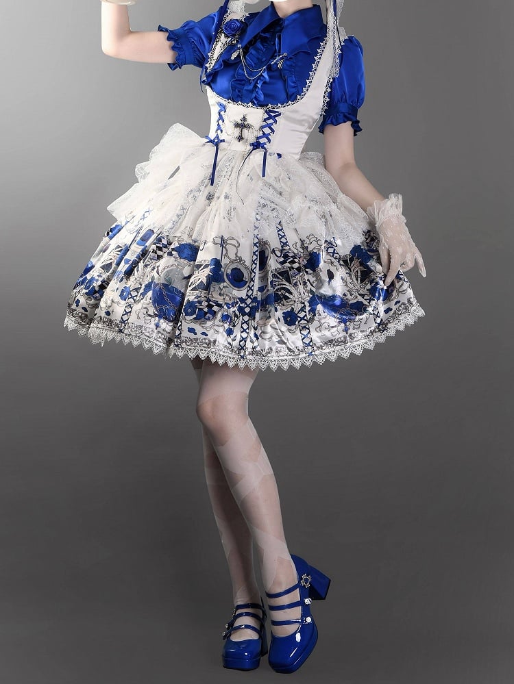 JSK Underbust Tête de Mort Bleue & Blanche avec Toile d'Araignée - Douce Chanson d'Amour