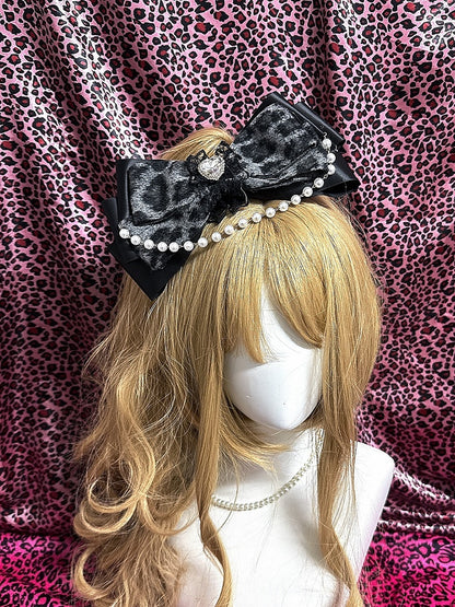 Gyaru Decor with Print Bow Leopard 4 Lace Pearl Hairclips Chain Rhinestone Colors