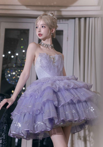 Purple Rhinestone Balletcore Lolita Silver Star Shimmer Dress - Nikki Tomorrow