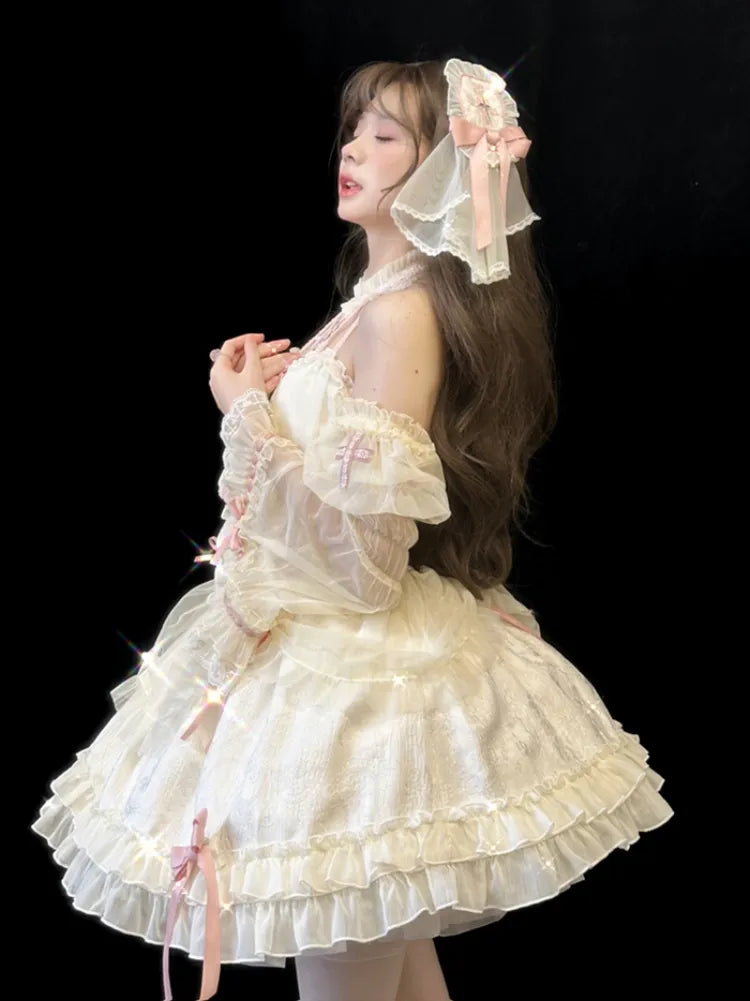 Cross Belle Elfenbein und Rosa Korsettkleid Neckholder Balletcore Lolita JSK