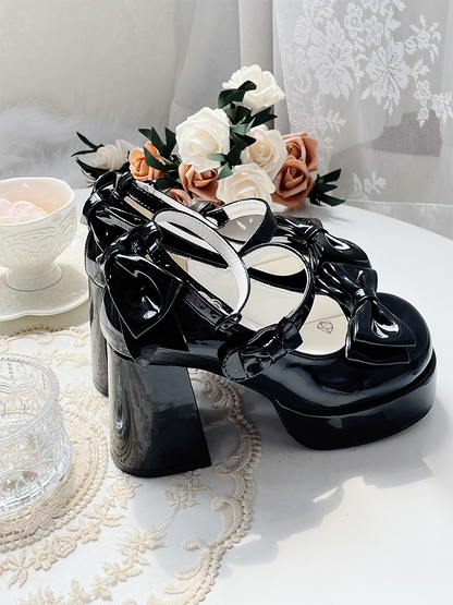 Schwarze Lolita-Schuhe mit Schleife und Plateau und hohem Blockabsatz
