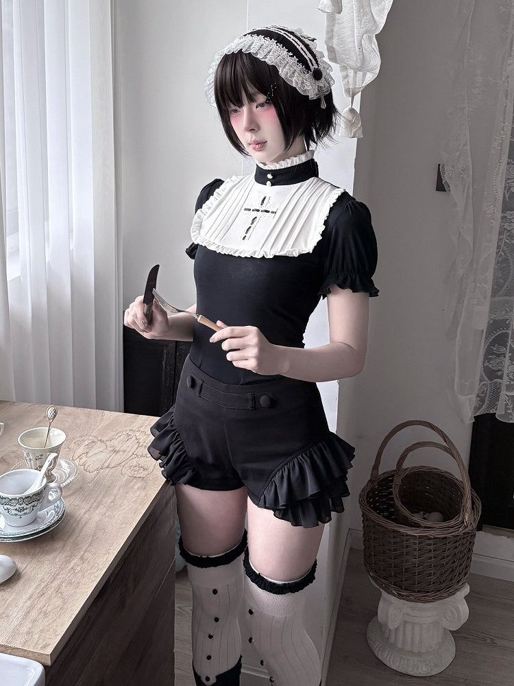 Gothic Black and White Cross-Decorated Ruffle Short Sleeve Top - Damn Girl