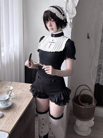 Gothic Black and White Cross-Decorated Ruffle Short Sleeve Top - Damn Girl