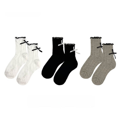 with Vertical Bowknots Pattern Black/White/Gray Socks Cuff Ruffled Striped