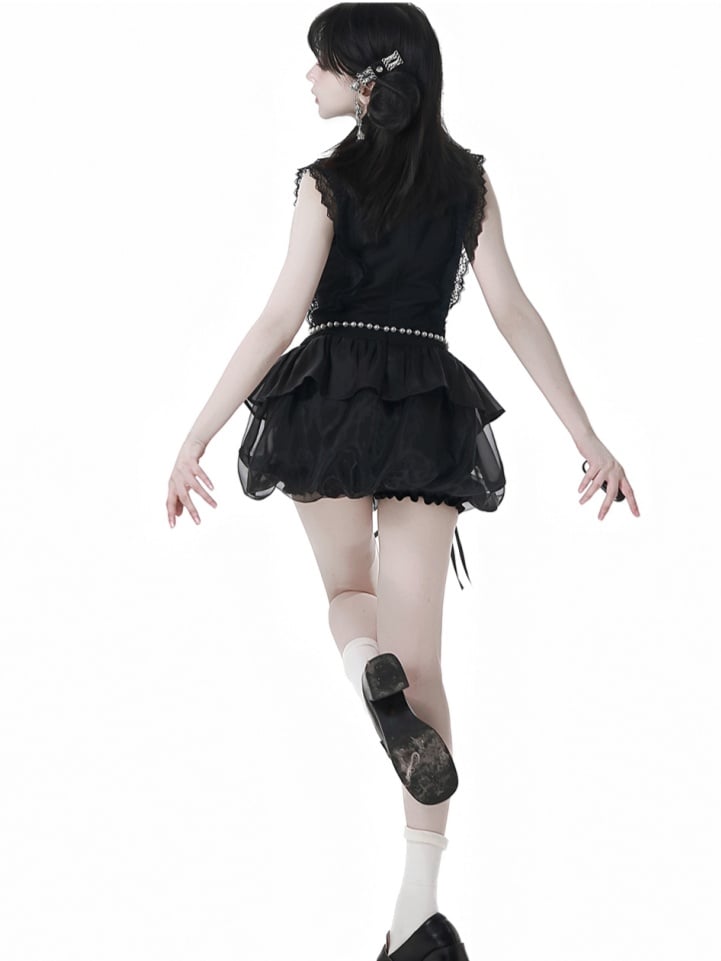 Rock mit schwarzem Cheongsam-Stil, Stehkragen, Minikleid, Kettentaille, Perlenbesetzte Blase