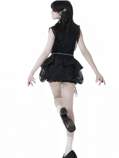 Rock mit schwarzem Cheongsam-Stil, Stehkragen, Minikleid, Kettentaille, Perlenbesetzte Blase