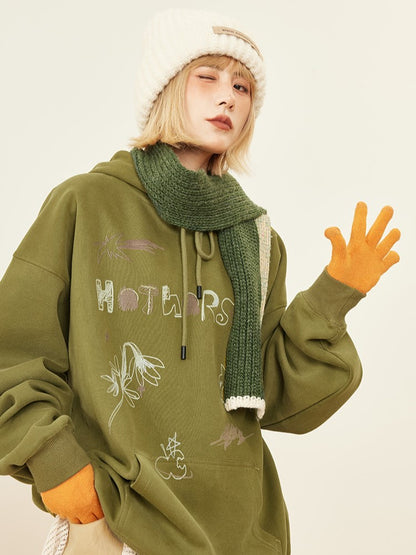 Sweat-shirt mignon à capuche avec poche avant - Imprimé à capuche vintage vert à cordon de serrage et poche kangourou
