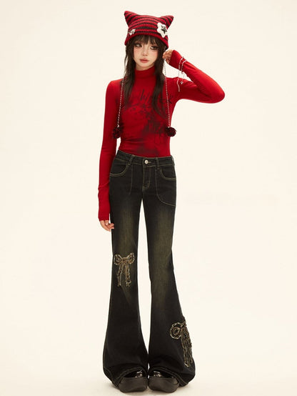 Red - Long Neck Top Design Sleeves Mock Kitten Letter Print Y2K