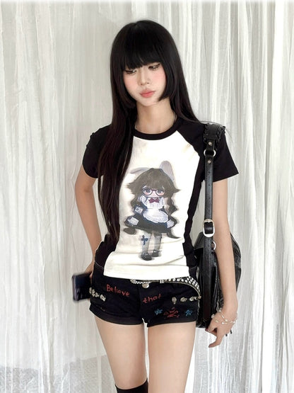 ホワイトカラーブロックデザインブラックアニメガールプリントTシャツと
