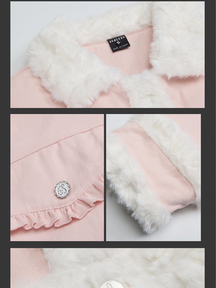 Dicke Jacke mit Polokragen und Plüschbesatz in Rosa/Kamel